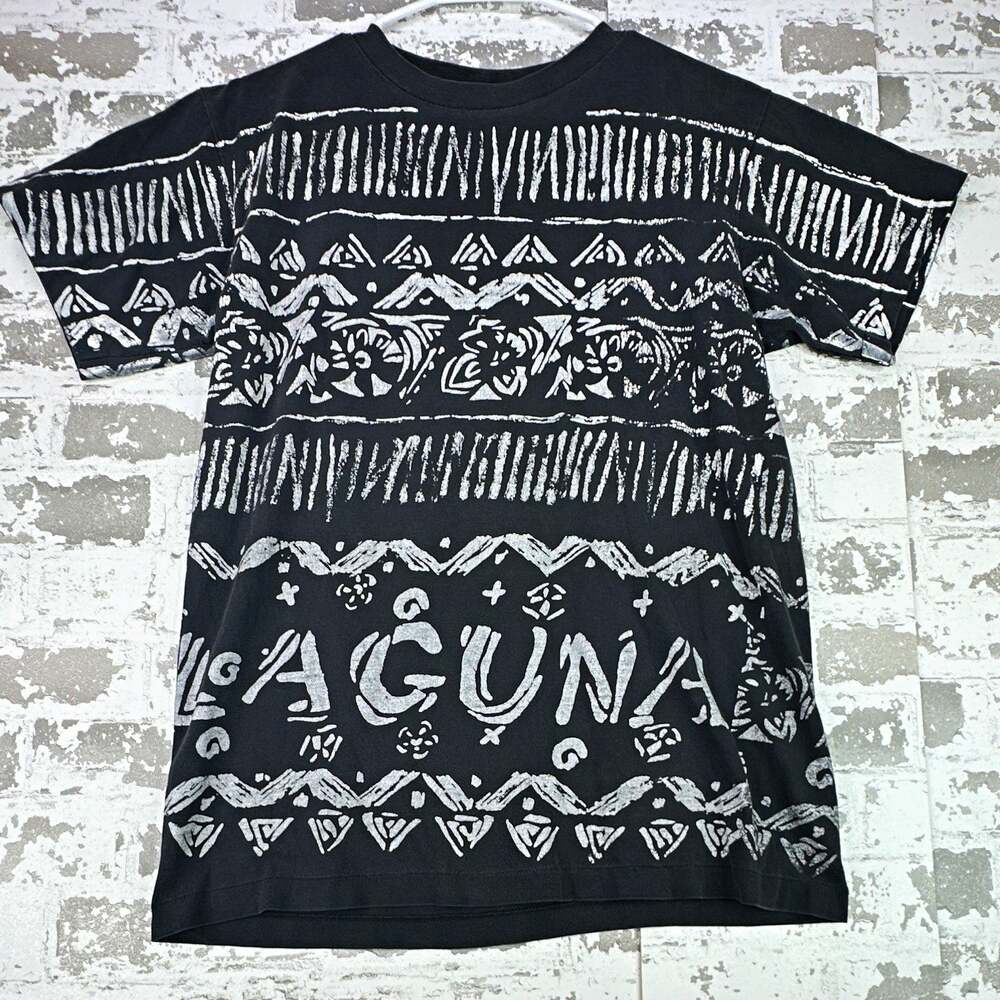 Vintage 90s Laguna T Shirt Black White Tribal All Over Print Surf Made USA